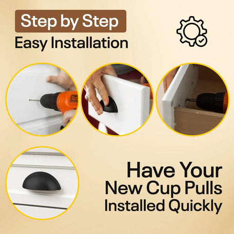 Step by step installation of Sleek 3 Inch Cup Drawer Pulls Matte Black 10 Pack Half Moon Cabinet Handles on white drawer.