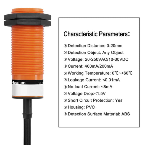 SZC M30 Capacitive Proximity Sensor Switch with orange housing and 30mm mount hole, for dielectric object detection, shown with specs.