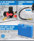 Turbo Boost Leak Tester Kit 10pc with US/EU air fittings, flexible hose, and blue blow-molded toolbox