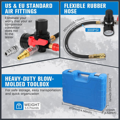 Turbo Boost Leak Tester Kit 10pc with US/EU air fittings, flexible hose, and blue blow-molded toolbox