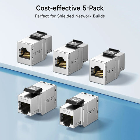 Cost-effective 5-pack shielded Cat6 keystone couplers for patch panels and wall plates RJ45 Ethernet female to female.
