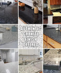 Collage of various kitchen countertop finishes showcasing Granite Countertop Paint Kit Epoxy Refinishing For Kitchen And Bath 25X Thick Bright Gloss Coating In Pearl White DIY Countertop Makeover For A Sleek High Gloss Look Without Replacing Cabinets.