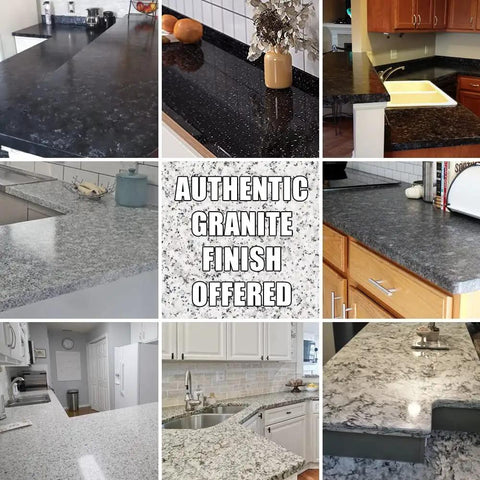 Collage of various kitchen countertop finishes showcasing Granite Countertop Paint Kit Epoxy Refinishing For Kitchen And Bath 25X Thick Bright Gloss Coating In Pearl White DIY Countertop Makeover For A Sleek High Gloss Look Without Replacing Cabinets.