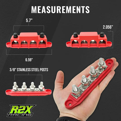 Heavy Duty 4 Post Power Distribution Block Bus Bar Set With Secure Snap Covers Designed To Run Your Rig Featuring A Rock Solid 250 Amp Rating Built Tough For Marine And Solar Installations measurements on a black background.