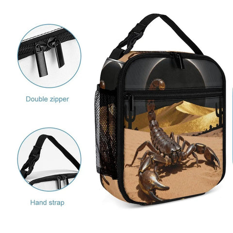 Desert Scorpion Eclipse Insulated Lunch Box with scorpion design, double zipper, and hand strap; side mesh pocket visible.