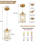 Sleek Gold Brushed Finish 2 Pack Modern Water Ripple Glass Pendant Lights With Adjustable Hanging Cords For Kitchen Island Dining Room Over Sink Super Dope Setup, showcasing adjustable height and E26 bulb base.