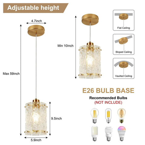Sleek Gold Brushed Finish 2 Pack Modern Water Ripple Glass Pendant Lights With Adjustable Hanging Cords For Kitchen Island Dining Room Over Sink Super Dope Setup, showcasing adjustable height and E26 bulb base.