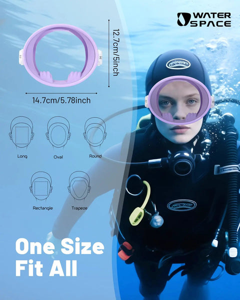 No Leak Diving Mask For Snorkeling And Free Diving With 180 Degree Wide View HD Oval Tempered Glass Lens And Food Grade Silicone Goggles For Youth Adults Women Men Clear Vision And Comfortable Fit displayed with measurements and underwater use.