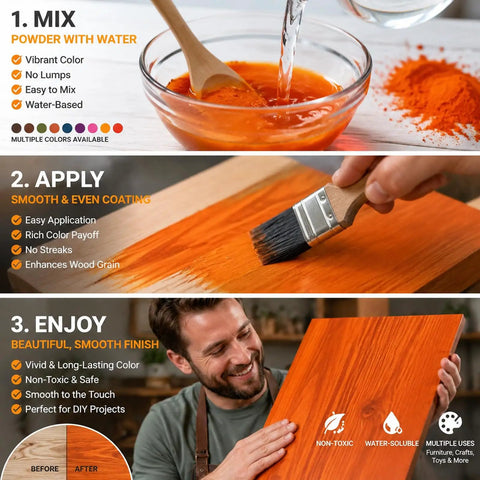 Top Shelf Concentrated Wood Stain Colors Set With Nine Hella Strong Dyes Including Navy Blue And Rose Red No Sweat Water Mix Powerhouse for mixing and applying wood dye.