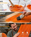 Seven Color Wood Dye Powder Kit Featuring Ultra Concentrated Formula For Making Water Based Stains That Give Furniture And Woodworking Projects Hella Vibrant Looks Straight Up Without Breaking Banks, showing mixing and application instructions.