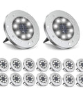 16 Pack Solar Ground Lights Waterproof Outdoor Landscape Pathway Lights With Upgraded Aluminum Build Built To Last In Ground Yard Deck Lawn Patio Lighting Bright White LED Walkway Lights showcasing circular design and bright LEDs