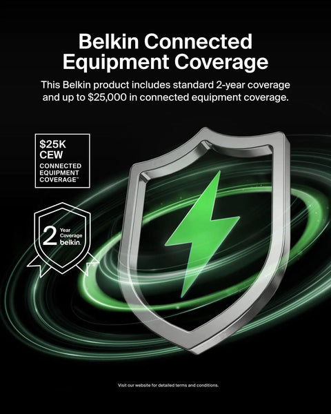 Illustration of Belkin's 2-year connected equipment coverage and $25K CEW for a 6 Outlet Wall Surge Protector With 2 USB A Ports