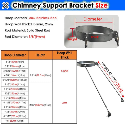 Adjustable Chimney Flue Support Bracket For Wood Stove Pipe 10 Inch Roof Brace with 304 stainless steel hoop measurements.