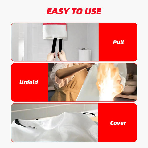 Steps to use Emergency Fire Blanket 40 By 40 Inches Pack Of 6 for home safety: pull, unfold, cover fire for mess-free suppression.
