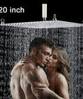 20 inch LED rainfall shower head in brushed nickel, wall mounted, showing waterfall effect with couple bathing underneath