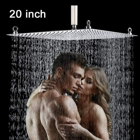 20 inch LED rainfall shower head in brushed nickel, wall mounted, showing waterfall effect with couple bathing underneath