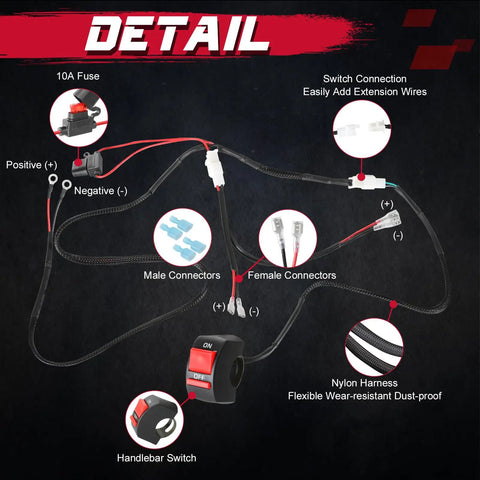 LED Light Bar Wiring Harness Kit with Motorcycle Handlebar Switch detail showing connectors, nylon harness, and fuse.