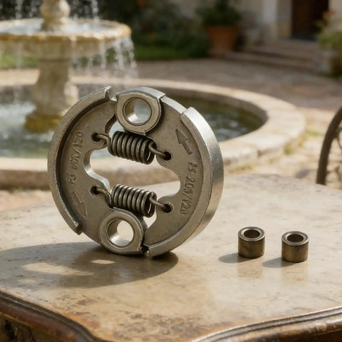 Beef Up Your Brush Cutter With A Centrifugal Clutch Kit For Garden Tools Including Bolts And Washers For Quick Install, Replacement For Worn Clutch Parts, Delivers Steady Power For Long Hours Of Yard Work Across Multiple Models. Metal clutch kit and bolts on table
