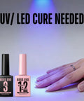 2 In 1 UV Nail Glue And Builder Gel For Tips And Acrylics, No Wipe Top Coat Kit with UV LED curing, pink and black bottles.
