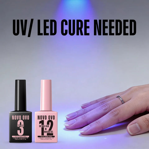 2 In 1 UV Nail Glue And Builder Gel For Tips And Acrylics, No Wipe Top Coat Kit with UV LED curing, pink and black bottles.
