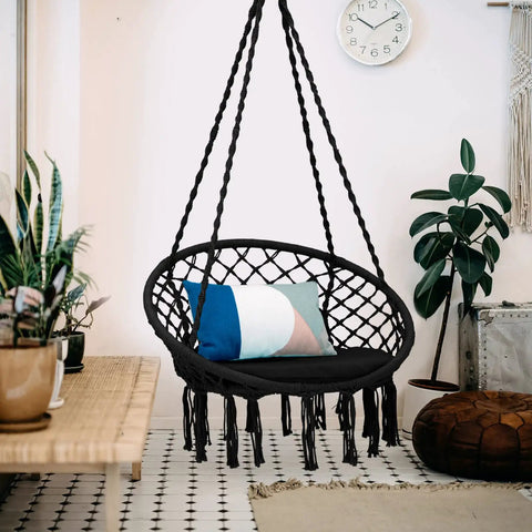 Macrame Hammock Chair Swing With Cushioned Seat And Hardware Kit For Indoor Outdoor Chill, Supports Up To 330 Lbs, Cozy Hanging Chair