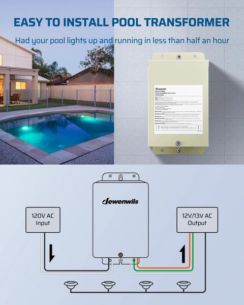 Diagram of 60W Pool Light Transformer Converts 120V AC To 12V And 13V AC For Pool Spa Fountain And Landscape Lighting.