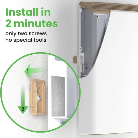 Installation guide showing how to install Sleek Wifi Wall Heater Kick The Winter Chill in 2 minutes with two screws.