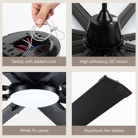 84 Inch Smart Outdoor Ceiling Fan With Light Knockout Industrial Design Eight Anodized Aluminum Blades Quiet Dc Motor with light and safety cord.