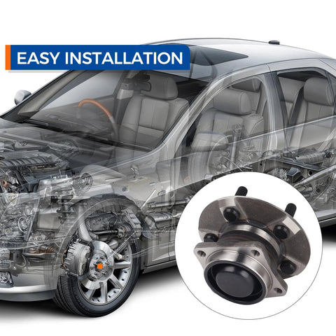 Two Piece Rear Wheel Hub Bearing Assembly Kit For 2003 Through 2008 Pontiac Vibe 2000 Through 2005 Toyota Celica And 2003 Through 2008 Corolla Matrix FWD Non ABS Reliable OE Quality Hubs With Durable Bearings Ready To Install image showing hub installation on vehicle