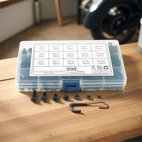 500 Piece Black Hex Socket Screws And Nuts Kit For Motorcycle Fairings M3 M4 M5 Bolts In Carbon Steel Countersunk Heads Segmented Organizer Case For Quick Pick And Ride Ready Repairs, open case