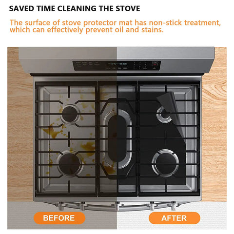 Comparison of stove with and without Upgraded Cuttable Gas Burner Covers For Stovetop Easy Clean Reusable Nonstick Liners For Most Gas Ranges.