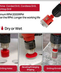 Diamond core drill bit set for porcelain tile; 13-piece kit with hole-saws and beveling bits, red drill attachment.