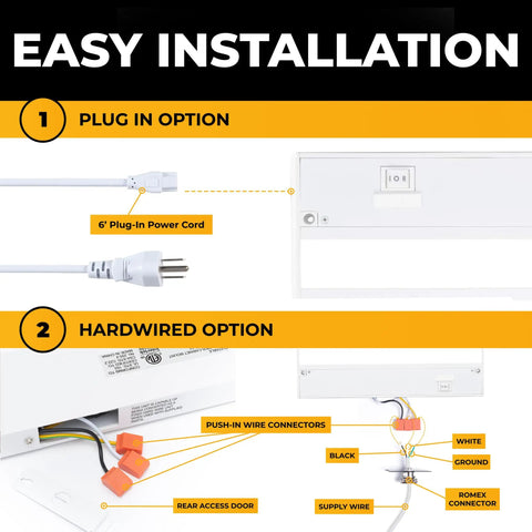 Under Cabinet Lighting Kit With 3 CCT 2700K 3000K 4000K, 12 Inch White Finish, plug-in and hardwired installation options diagram.