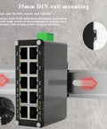 Rugged 10 Port PoE Plus Gigabit Switch With Eight PoE Ports And Two Uplink Ports, Din Rail Mount, shown on 35mm rail