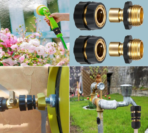 Premium Aluminum Three Quarter Inch Garden Hose Quick Connectors Set Of Four Male And Female Fittings for Easy Connect and Disconnect