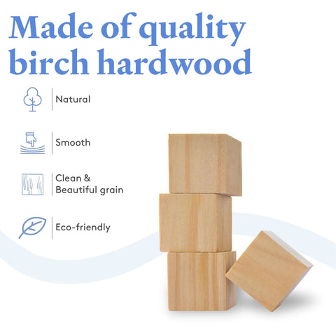 Top Shelf 3/4 Inch Solid Birch Wood Blocks 100 Pack Unfinished Smooth Craft Cubes stacked showing natural grain and smooth finish.