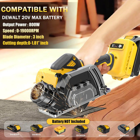 Slick Kickin 3 Inch Mini Circular Saw With Heavy Duty Brushless Motor And Two Speed Control Cuts Metal Wood Tile Plastic Fast Includes Six Sharp Blades Cordless Power Tool Beast cutting through wood with sparks flying.