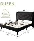 Queen Size Upholstered Bed Frame With Built In Charging Station, Black Linen Platform Bed Featuring Spacious Wingback Storage Headboard, Rock Solid Wood Slats, Zero Hassle Setup And Sweet Dreams Every Night with dimensions.