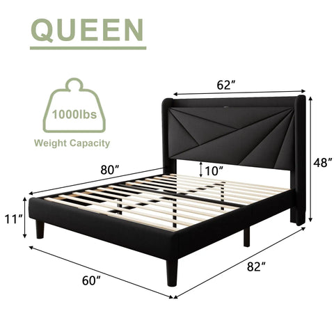 Queen Size Upholstered Bed Frame With Built In Charging Station, Black Linen Platform Bed Featuring Spacious Wingback Storage Headboard, Rock Solid Wood Slats, Zero Hassle Setup And Sweet Dreams Every Night with dimensions.