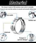 Front view of a 304 stainless steel single-ear hose clamp with tongue-in-groove design