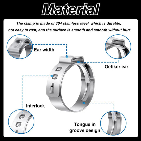 Front view of a 304 stainless steel single-ear hose clamp with tongue-in-groove design