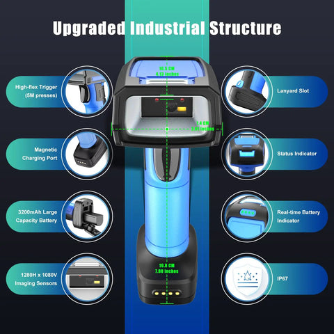 Top view of Rock Solid Wireless Barcode Scanner With Charging Stand displaying trigger, charging port, and battery indicator.