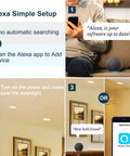 Setup guide showing Smart Recessed LED Can Lights 5/6 Inch Retrofit Kit Plug And Play 940 Lumen Soft White with Alexa integration.