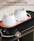 Pro Espresso Maker With Auto Milk Frother 20 Bar Pressure with two white cups on the warming tray, featuring adjustable steam control.