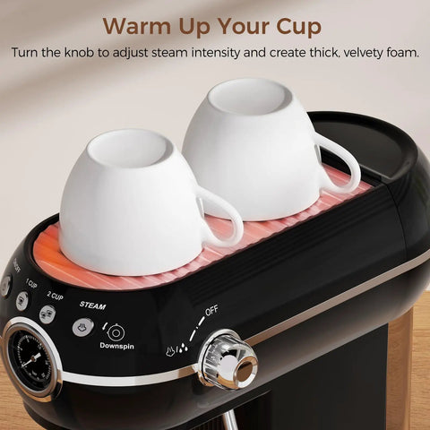 Pro Espresso Maker With Auto Milk Frother 20 Bar Pressure with two white cups on the warming tray, featuring adjustable steam control.