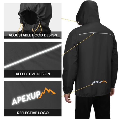 Back view of Packable Mens Rain Jacket With Reflective Zipper Ultralight Waterproof Windbreaker Hooded Raincoat, showing reflective elements and logo.