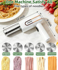 Cordless 5-In-1 Electric Pasta Maker Machine, Automatic Noodle Extruder With Powerful Motor, shown with molds and noodles.