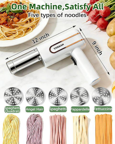 Cordless 5-In-1 Electric Pasta Maker Machine, Automatic Noodle Extruder With Powerful Motor, shown with molds and noodles.