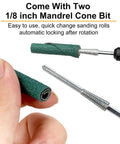 Hand holding 120 Grit Zirconia Sanding Bands For Detail Work Set 0.4 Inch By 1.5 Inch Cone And Cylinder Shapes mandrel