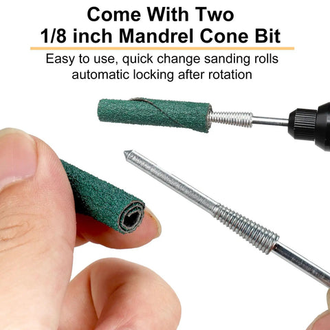 Hand holding 120 Grit Zirconia Sanding Bands For Detail Work Set 0.4 Inch By 1.5 Inch Cone And Cylinder Shapes mandrel